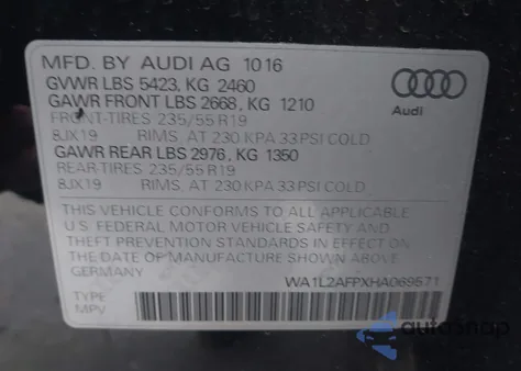 2017 Audi Q5 2.0T Premium from USA, damaged, VIN WA1L2AFPXHA069571